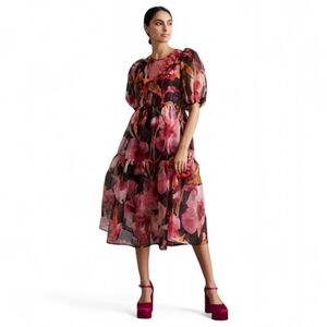 Anthropologie Puff Sleeve Silk Sheer Floral Organza Overlay Midi Slip Dress Sz S